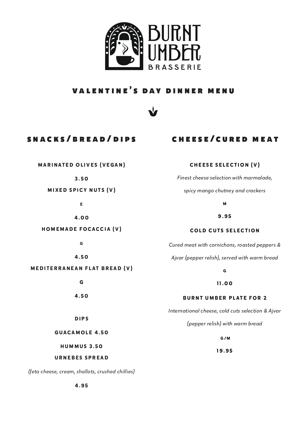 Burnt Umber Brasserie Valentine's Day Menu: Dinner 1